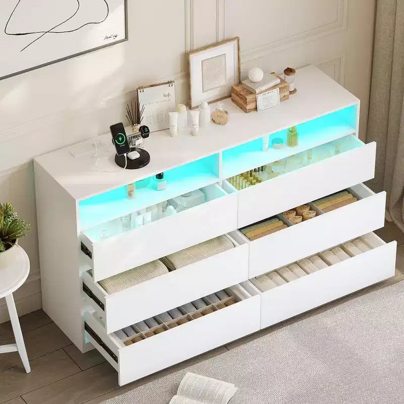 Modern 6-Drawer Dresser with LED Lights & Power Outlet - Double Wide Storage Organizer / TV Stand