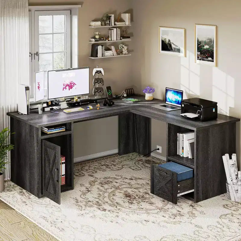 60 Inch L Shaped Desk Corner Computer Desk With File Drawer And Storage Cabinet For Home Office, Study Room