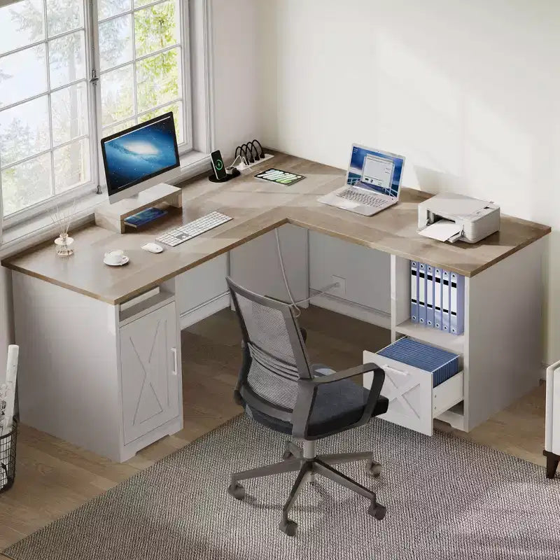 60 Inch L Shaped Desk Corner Computer Desk With File Drawer And Storage Cabinet For Home Office, Study Room