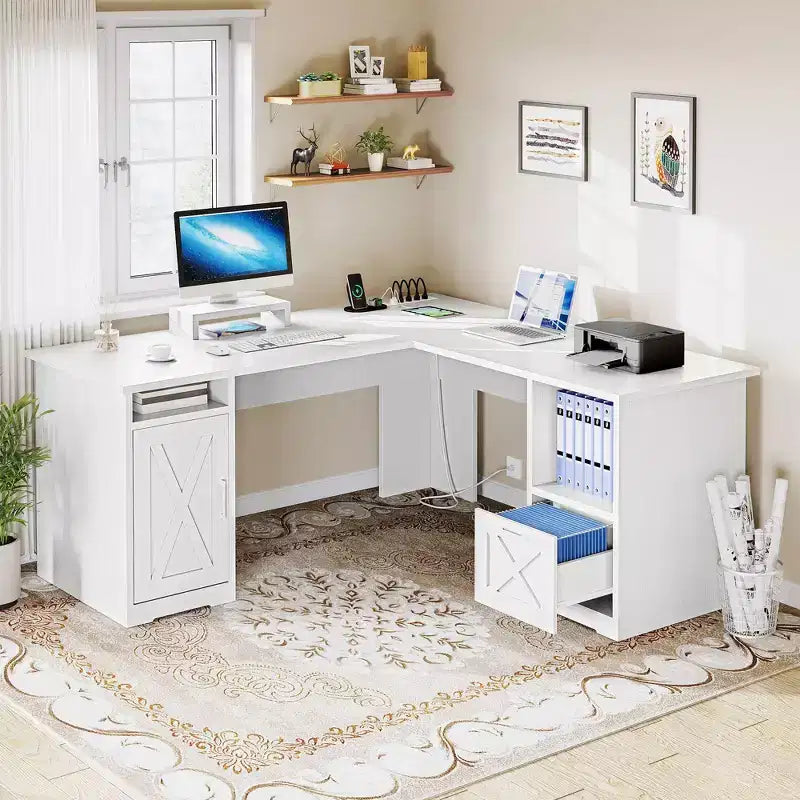 60 Inch L Shaped Desk Corner Computer Desk With File Drawer And Storage Cabinet For Home Office, Study Room