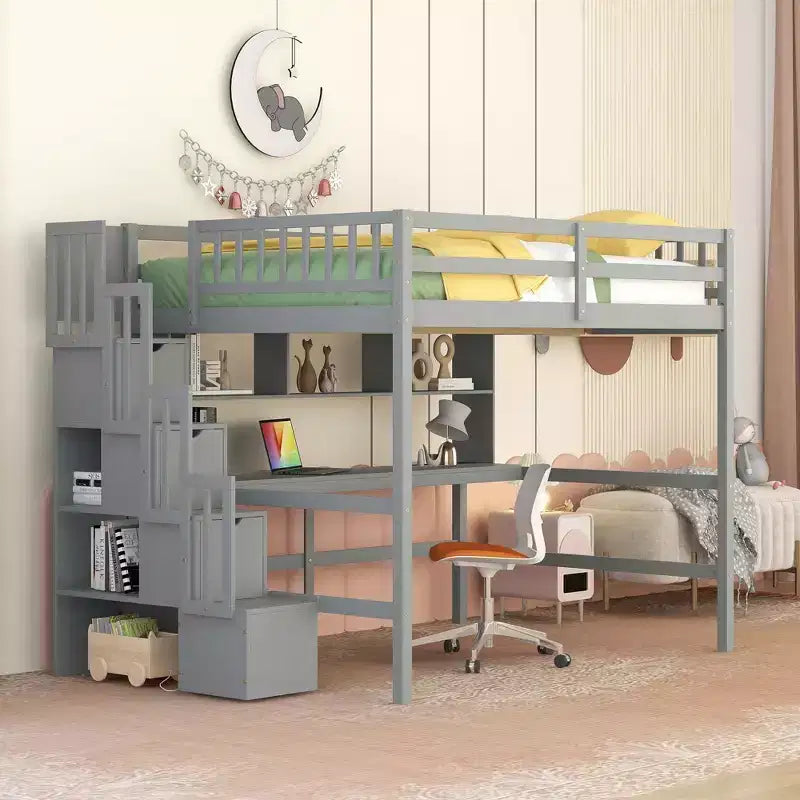 Full Size Loft Bed with Built-in Desk, Storage Shelves & Storage Staircase for Bedroom - Gray
