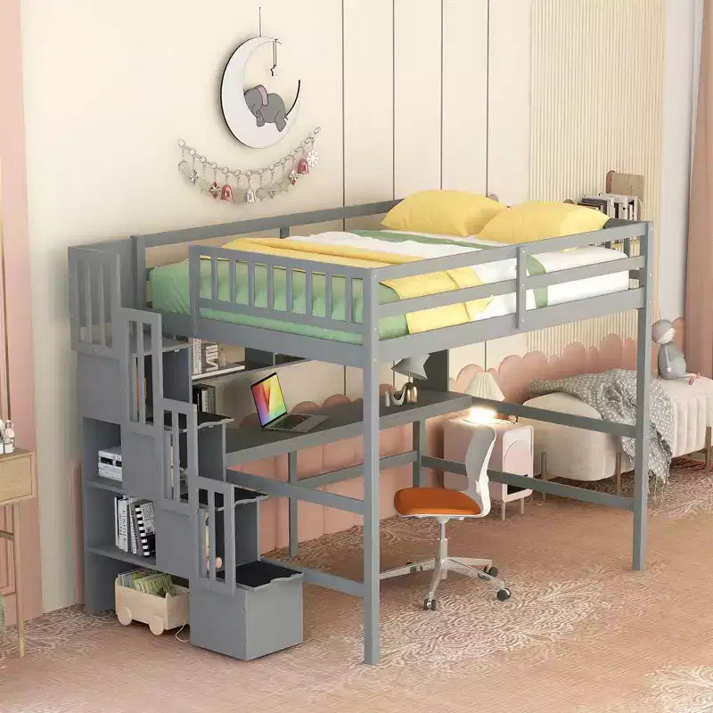 Full Size Loft Bed with Built-in Desk, Storage Shelves & Storage Staircase for Bedroom - Gray