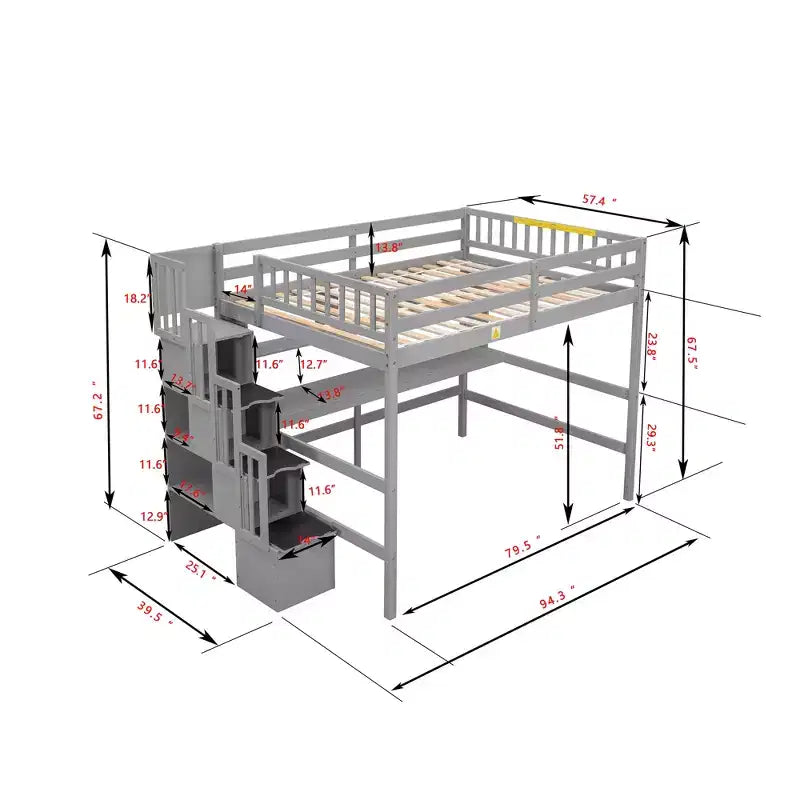 Full Size Loft Bed with Built-in Desk, Storage Shelves & Storage Staircase for Bedroom - Gray