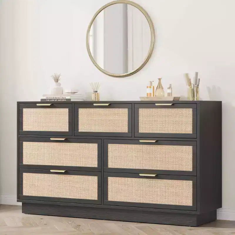 Rattan 7-Drawer Dresser - 55" Wide Chest with Metal Handles and Wooden Base