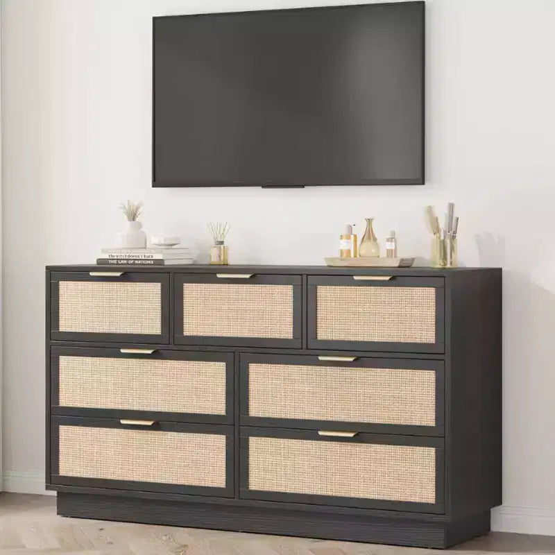 Rattan 7-Drawer Dresser - 55" Wide Chest with Metal Handles and Wooden Base