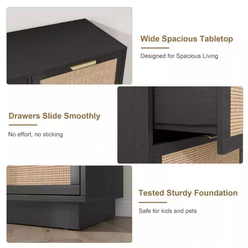 Rattan 7-Drawer Dresser - 55" Wide Chest with Metal Handles and Wooden Base