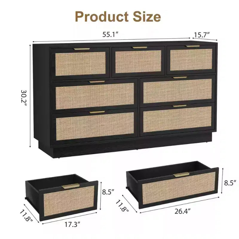 Rattan 7-Drawer Dresser - 55" Wide Chest with Metal Handles and Wooden Base
