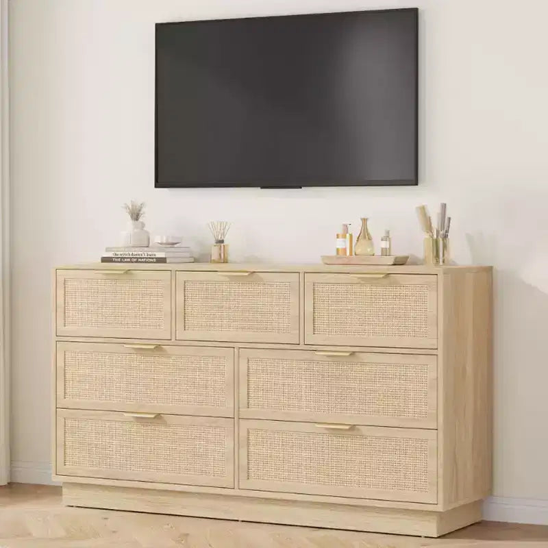 Rattan 7-Drawer Dresser - 55" Wide Chest with Metal Handles and Wooden Base
