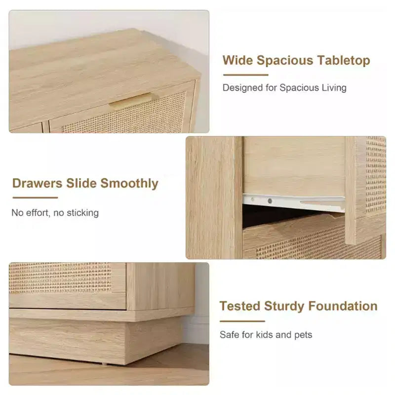 Rattan 7-Drawer Dresser - 55" Wide Chest with Metal Handles and Wooden Base