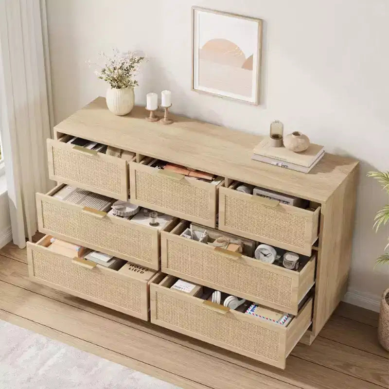 Rattan 7-Drawer Dresser - 55" Wide Chest with Metal Handles and Wooden Base