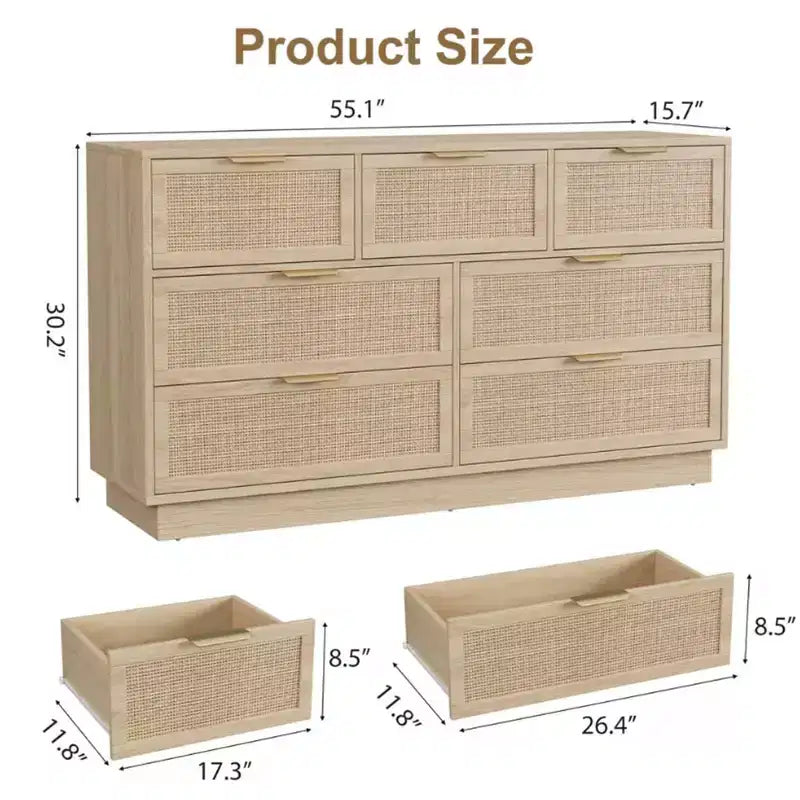 Rattan 7-Drawer Dresser - 55" Wide Chest with Metal Handles and Wooden Base