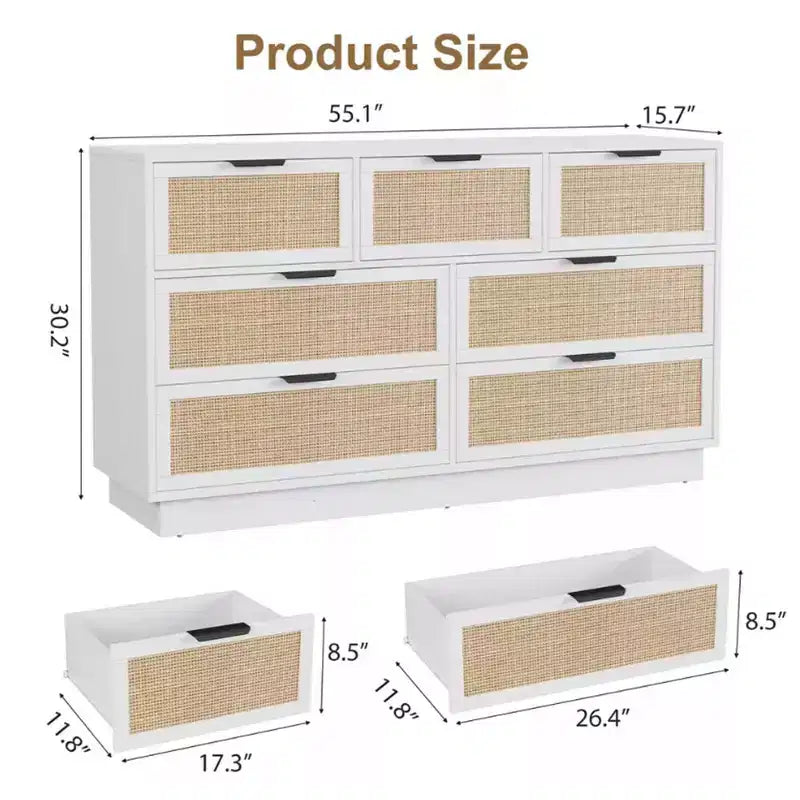 Rattan 7-Drawer Dresser - 55" Wide Chest with Metal Handles and Wooden Base