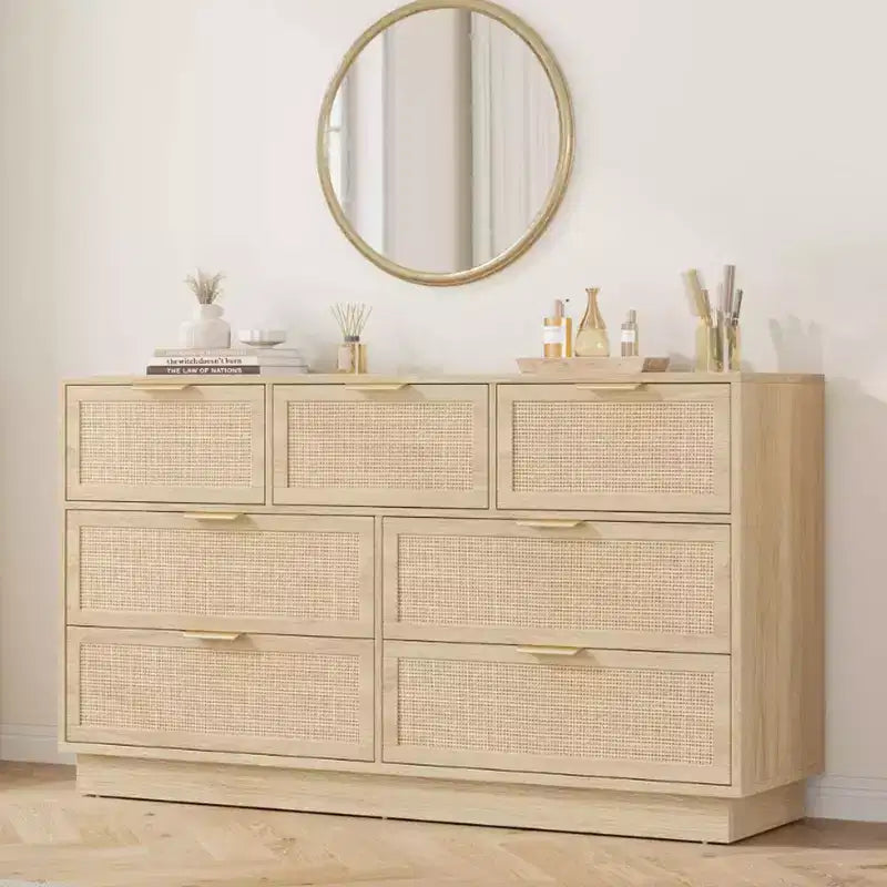 Rattan 7-Drawer Dresser - 55" Wide Chest with Metal Handles and Wooden Base