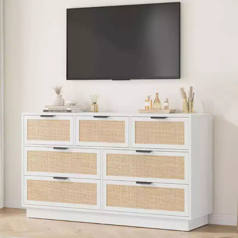 Rattan 7-Drawer Dresser - 55" Wide Chest with Metal Handles and Wooden Base
