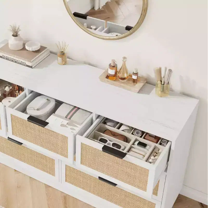 Rattan 7-Drawer Dresser - 55" Wide Chest with Metal Handles and Wooden Base