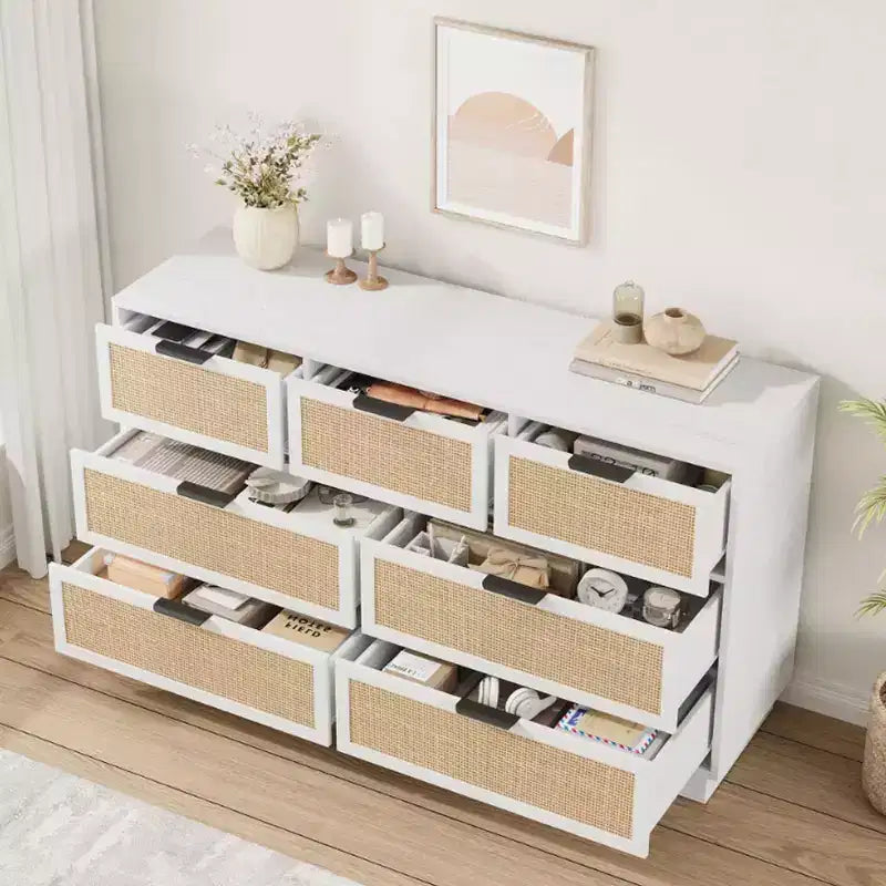 Rattan 7-Drawer Dresser - 55" Wide Chest with Metal Handles and Wooden Base