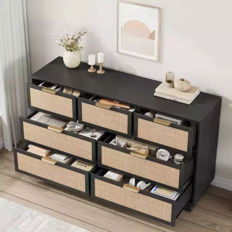 Rattan 7-Drawer Dresser - 55" Wide Chest with Metal Handles and Wooden Base