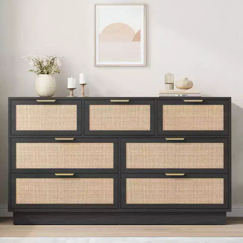 Rattan 7-Drawer Dresser - 55" Wide Chest with Metal Handles and Wooden Base