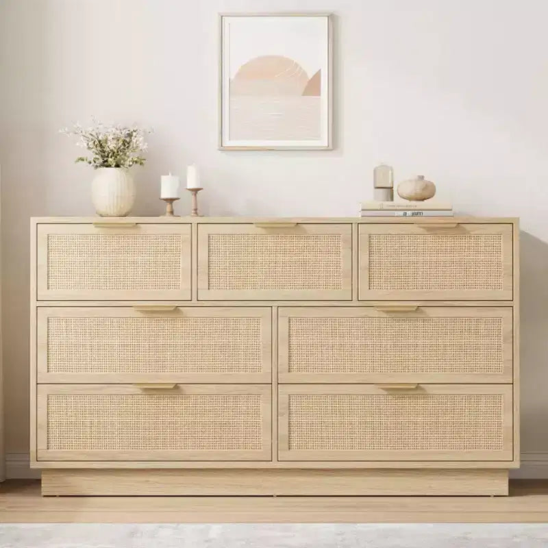 Rattan 7-Drawer Dresser - 55" Wide Chest with Metal Handles and Wooden Base