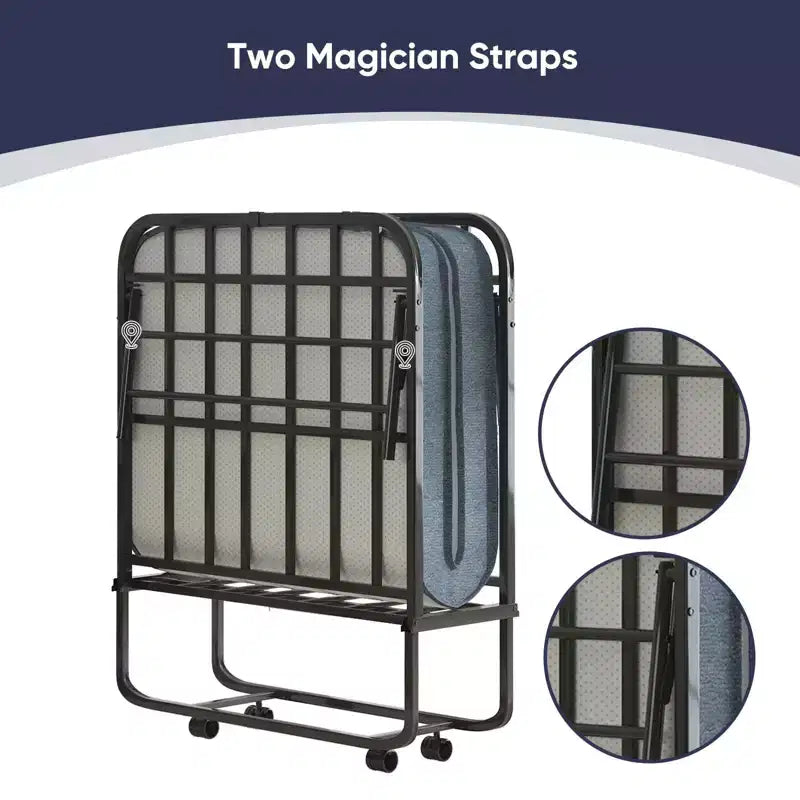 Folding Bed with 5" Mattress - Portable Guest Bed with Wheels, Twin Size