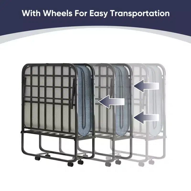 Folding Bed with 5" Mattress - Portable Guest Bed with Wheels, Twin Size