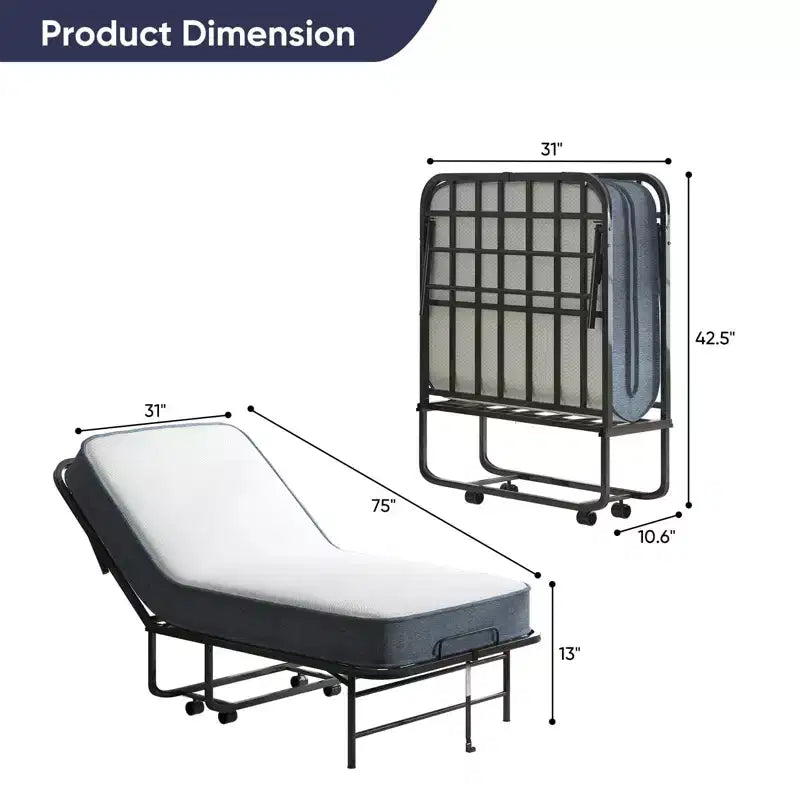 Folding Bed with 5" Mattress - Portable Guest Bed with Wheels, Twin Size
