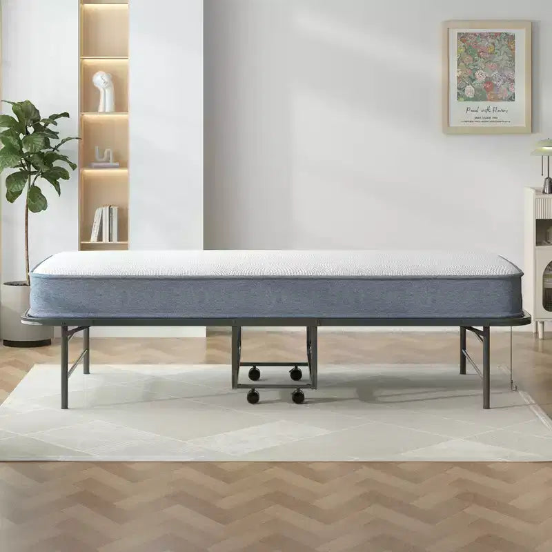 Folding Bed with 5" Mattress - Portable Guest Bed with Wheels, Twin Size