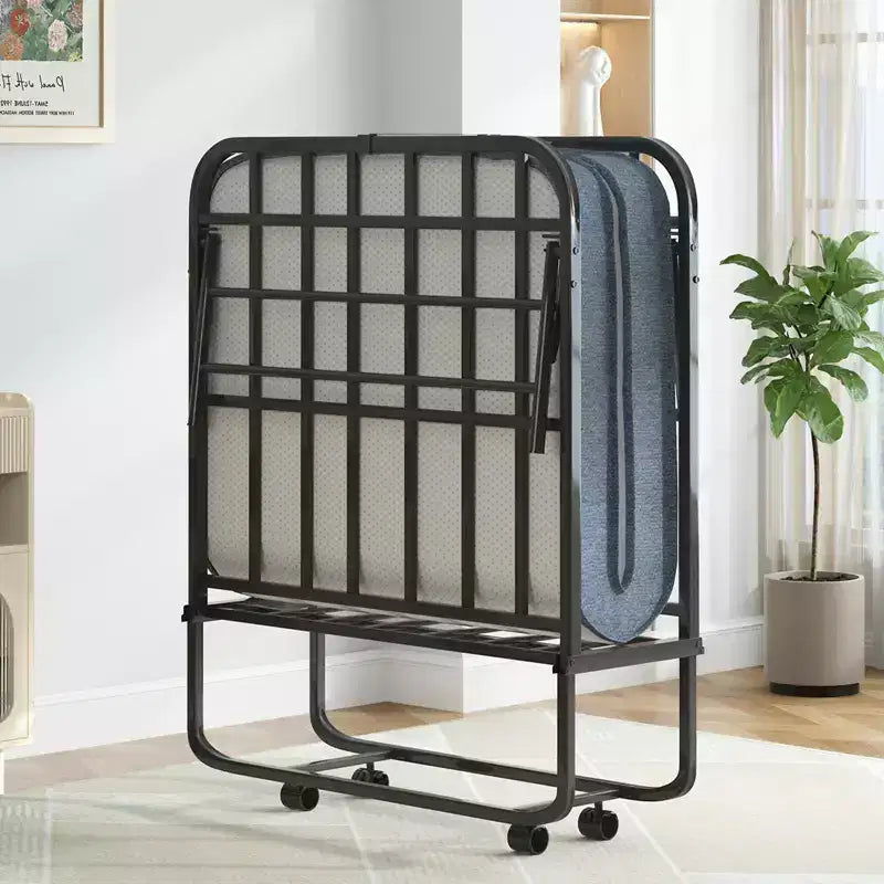 Folding Bed with 5" Mattress - Portable Guest Bed with Wheels, Twin Size