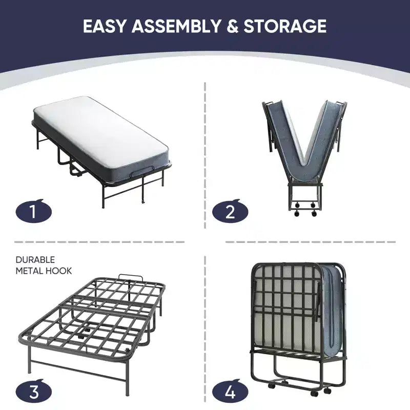 Folding Bed with 5" Mattress - Portable Guest Bed with Wheels, Twin Size