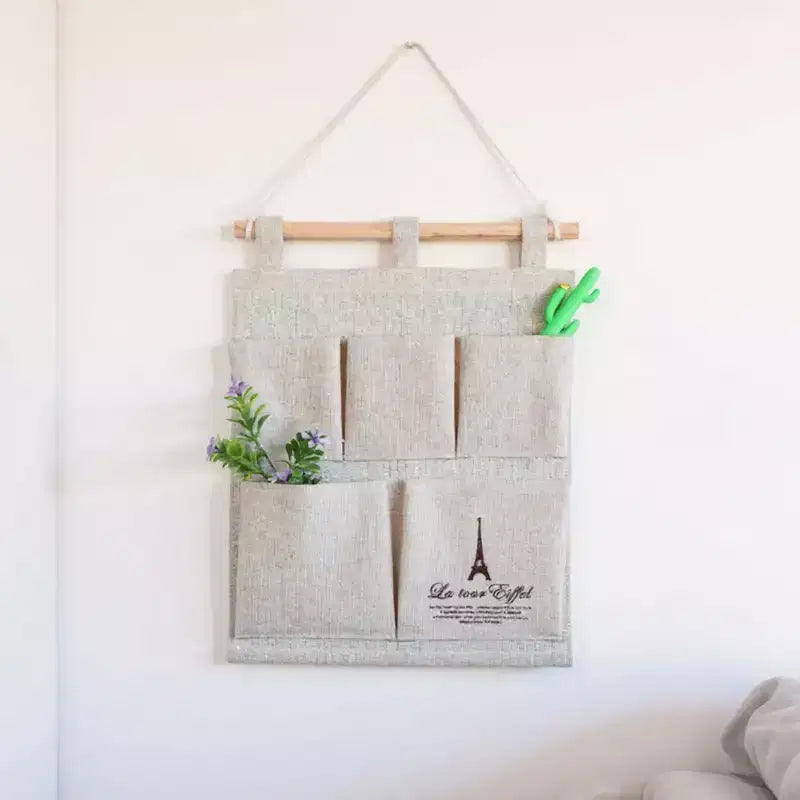 Hanging Wall Organizer with Eiffel Tower Print and Five Canvas Storage Pockets 12.5x9.5 in