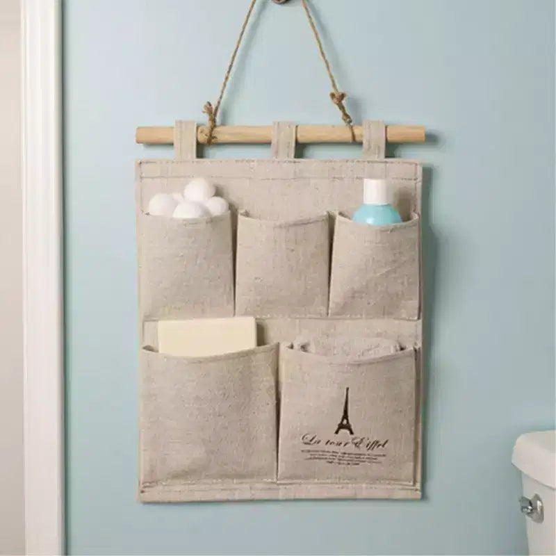 Hanging Wall Organizer with Eiffel Tower Print and Five Canvas Storage Pockets 12.5x9.5 in