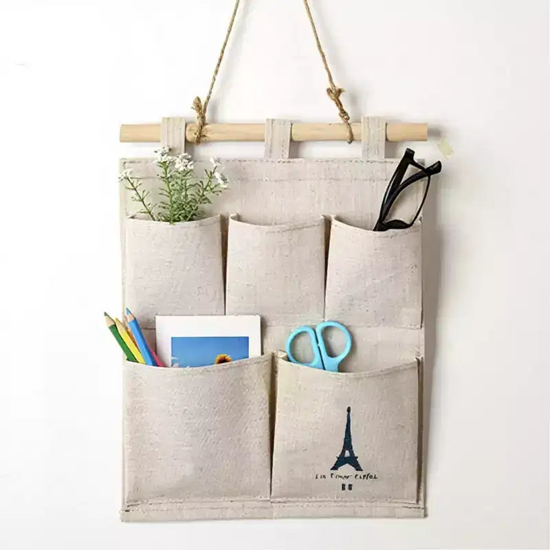 Hanging Wall Organizer with Eiffel Tower Print and Five Canvas Storage Pockets 12.5x9.5 in