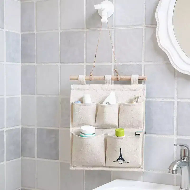 Hanging Wall Organizer with Eiffel Tower Print and Five Canvas Storage Pockets 12.5x9.5 in