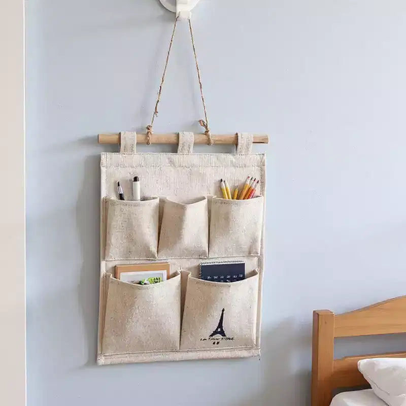 Hanging Wall Organizer with Eiffel Tower Print and Five Canvas Storage Pockets 12.5x9.5 in