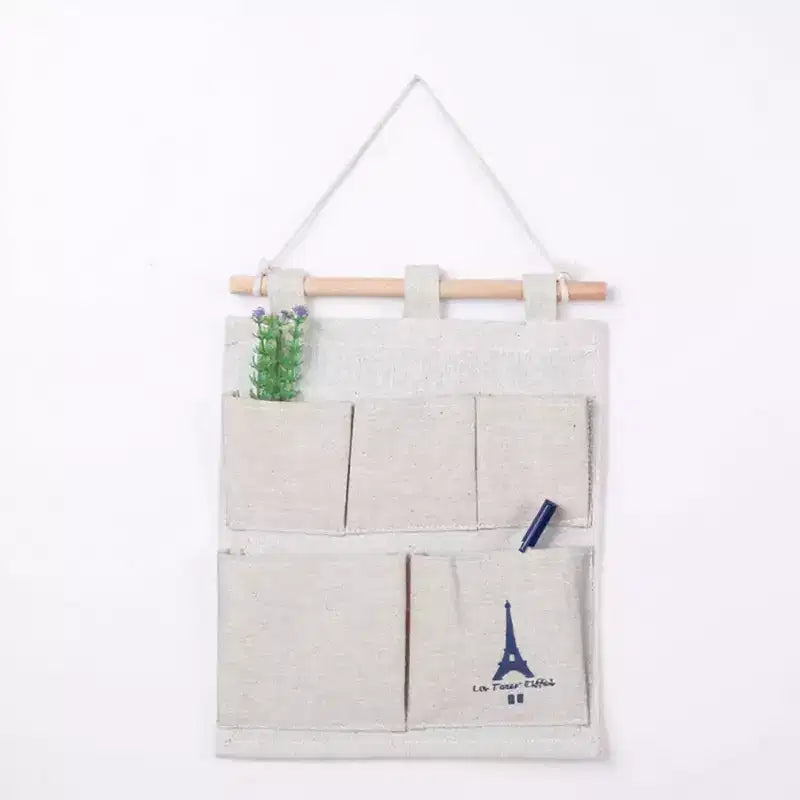 Hanging Wall Organizer with Eiffel Tower Print and Five Canvas Storage Pockets 12.5x9.5 in