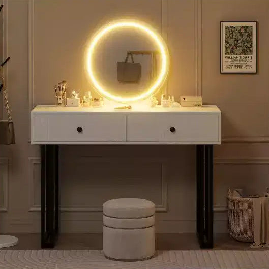 Double-Drawer Round Mirror Vanity Table - Modern Style Vanity Table with Lighting, Sturdy Iron Frame, MDF Construction, Two Spacious Drawers