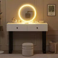 Double-Drawer Round Mirror Vanity Table - Modern Style Vanity Table with Lighting, Sturdy Iron Frame, MDF Construction, Two Spacious Drawers