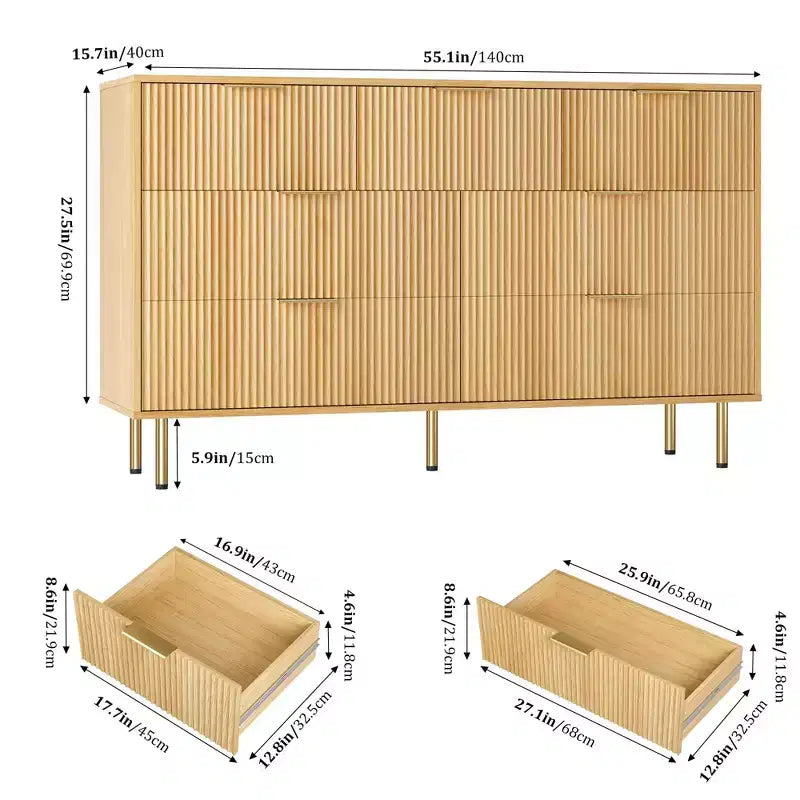 7-Drawer Fluted Dresser with Gold Handles - Modern Storage Chest for Bedroom, Living Room, Hallway