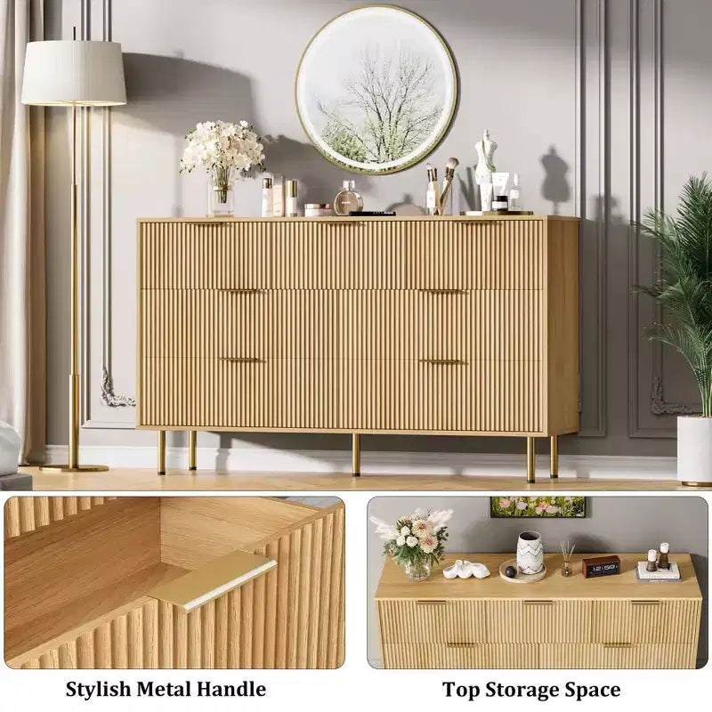 7-Drawer Fluted Dresser with Gold Handles - Modern Storage Chest for Bedroom, Living Room, Hallway