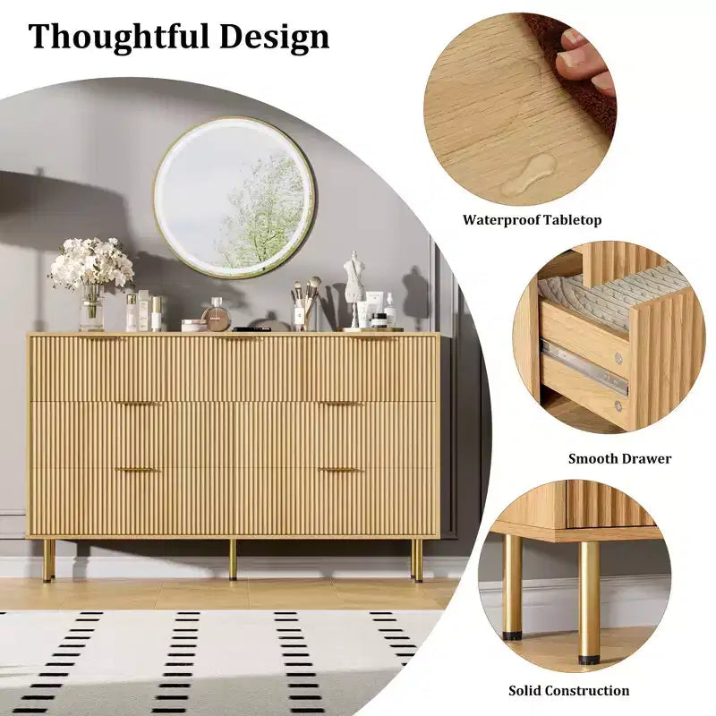7-Drawer Fluted Dresser with Gold Handles - Modern Storage Chest for Bedroom, Living Room, Hallway