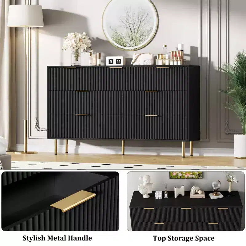 7-Drawer Fluted Dresser with Gold Handles - Modern Storage Chest for Bedroom, Living Room, Hallway