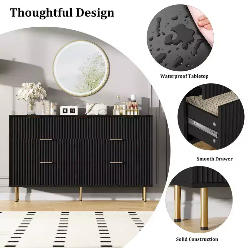 7-Drawer Fluted Dresser with Gold Handles - Modern Storage Chest for Bedroom, Living Room, Hallway