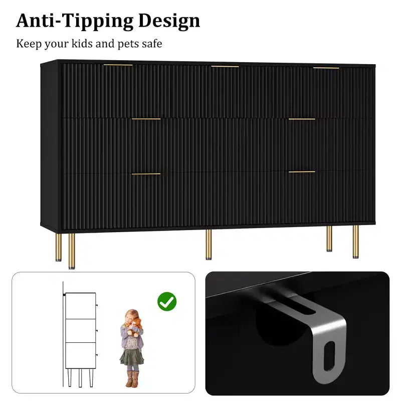 7-Drawer Fluted Dresser with Gold Handles - Modern Storage Chest for Bedroom, Living Room, Hallway