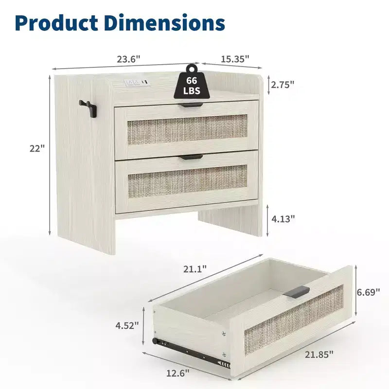 Rattan Nightstand Set of 2 with Type-C Charging Station and 2 Drawers