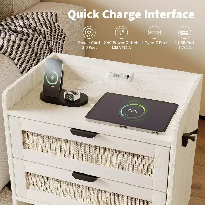 Rattan Nightstand Set of 2 with Type-C Charging Station and 2 Drawers