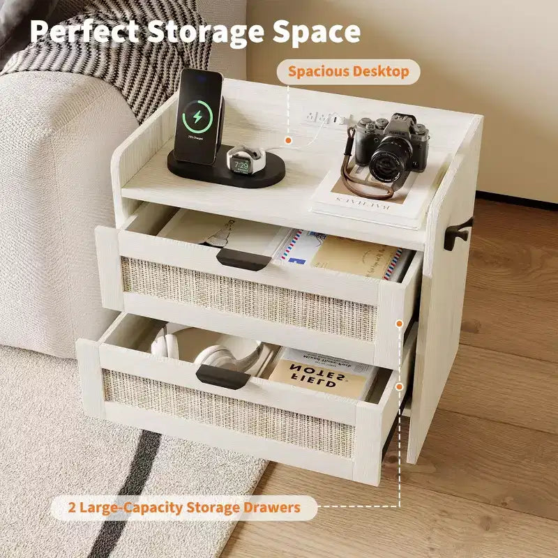 Rattan Nightstand Set of 2 with Type-C Charging Station and 2 Drawers