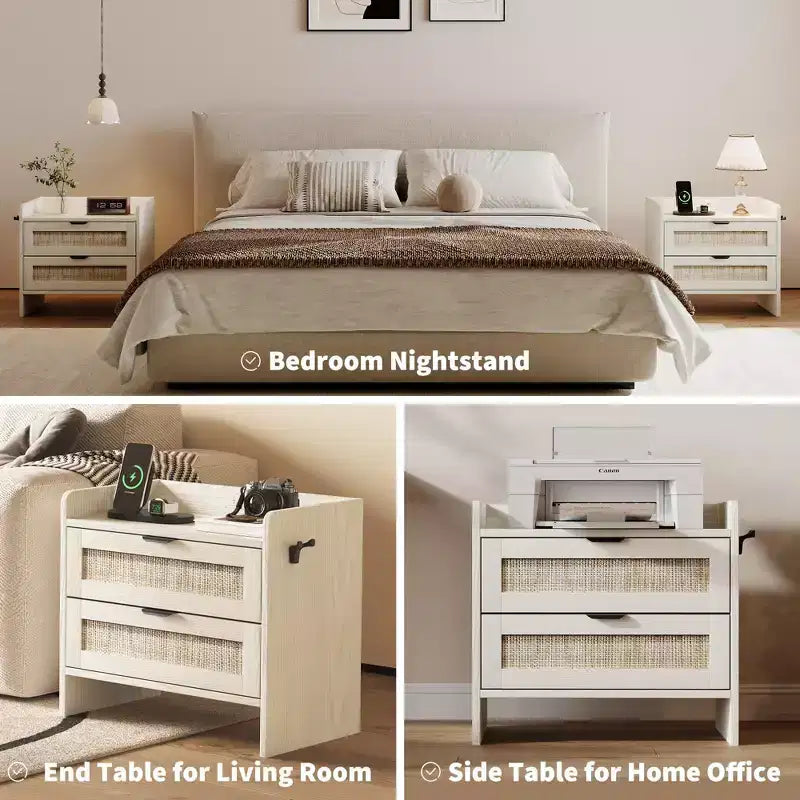 Rattan Nightstand Set of 2 with Type-C Charging Station and 2 Drawers
