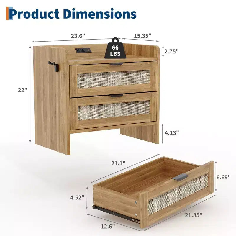 Rattan Nightstand Set of 2 with Type-C Charging Station and 2 Drawers