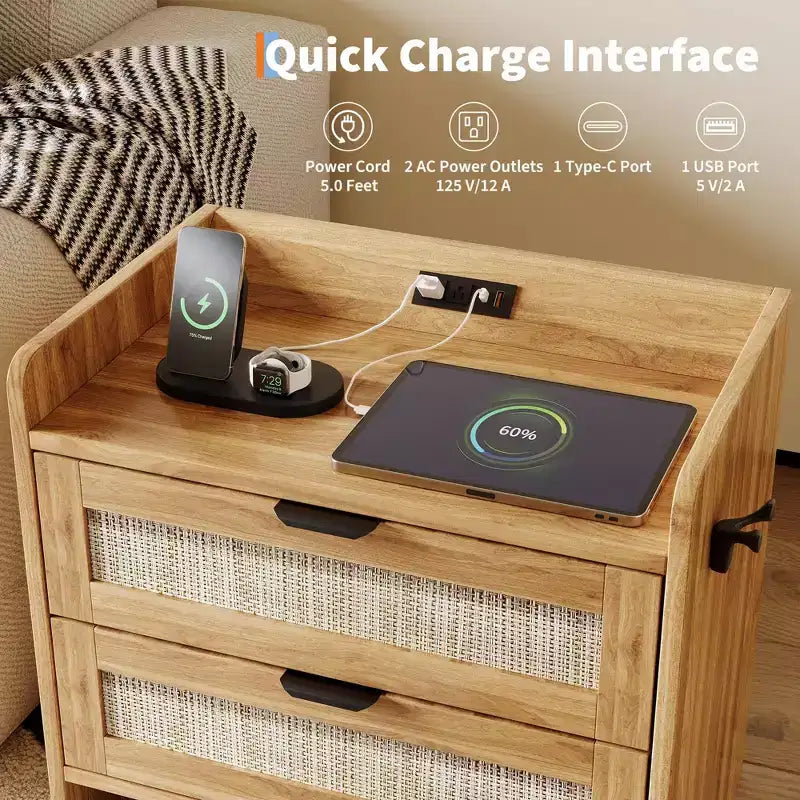 Rattan Nightstand Set of 2 with Type-C Charging Station and 2 Drawers