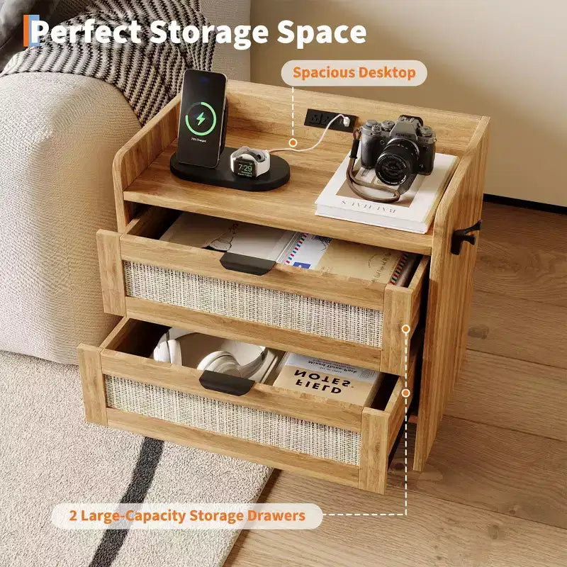 Rattan Nightstand Set of 2 with Type-C Charging Station and 2 Drawers
